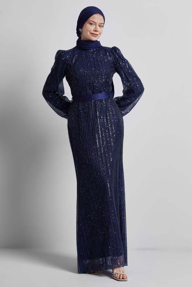 Vêtements hijab BLEU MARINE ROBE DE SOIRÉE À PAILLETTES 50502 - ALVİNA
