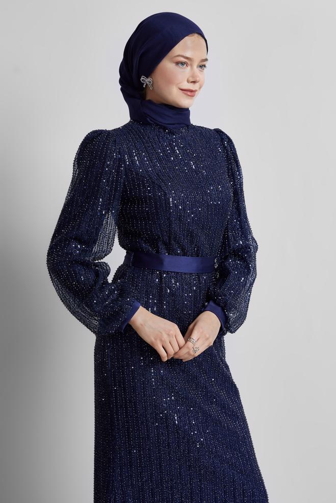 Vêtements hijab BLEU MARINE ROBE DE SOIRÉE À PAILLETTES 50502 - ALVİNA