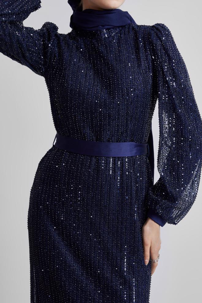 Vêtements hijab BLEU MARINE ROBE DE SOIRÉE À PAILLETTES 50502 - ALVİNA