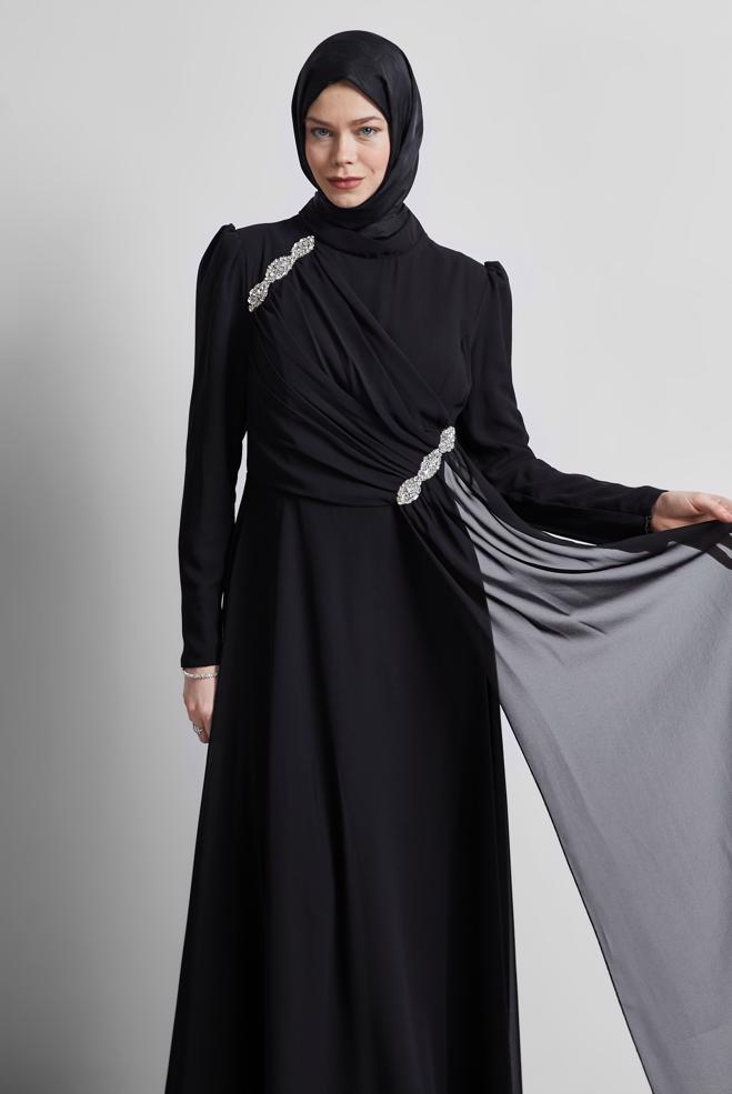 Vêtements hijab NOIR ROBE DE SOIRÉE EN MOUSSELINE 50503 - ALVİNA