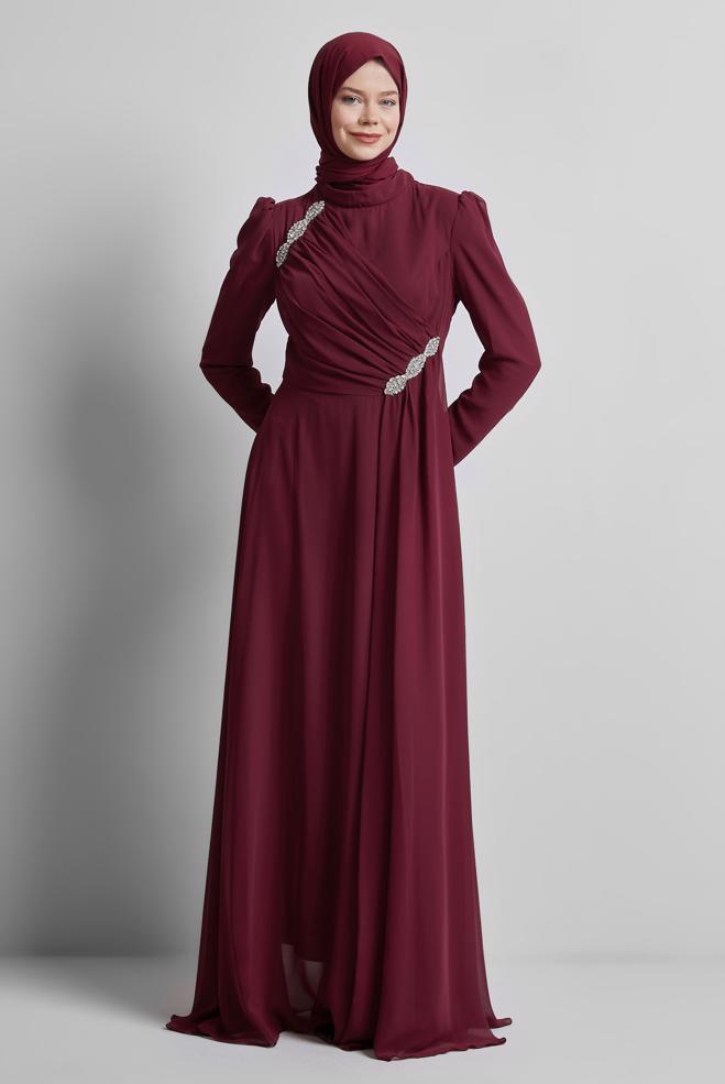 Tesettür giyim BORDO TAŞLI ŞİFON ABİYE ELBİSE 50503 - ALVİNA