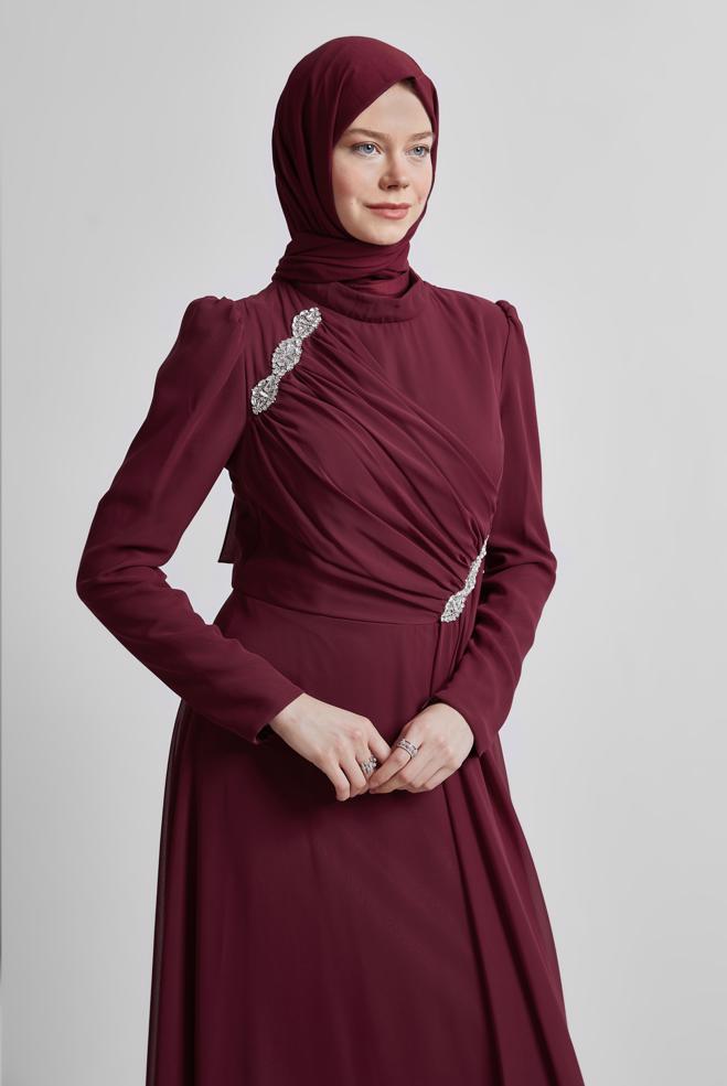 Tesettür giyim BORDO TAŞLI ŞİFON ABİYE ELBİSE 50503 - ALVİNA