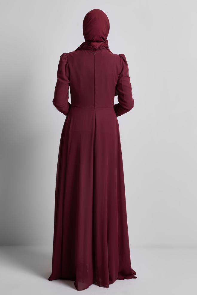 Tesettür giyim BORDO TAŞLI ŞİFON ABİYE ELBİSE 50503 - ALVİNA