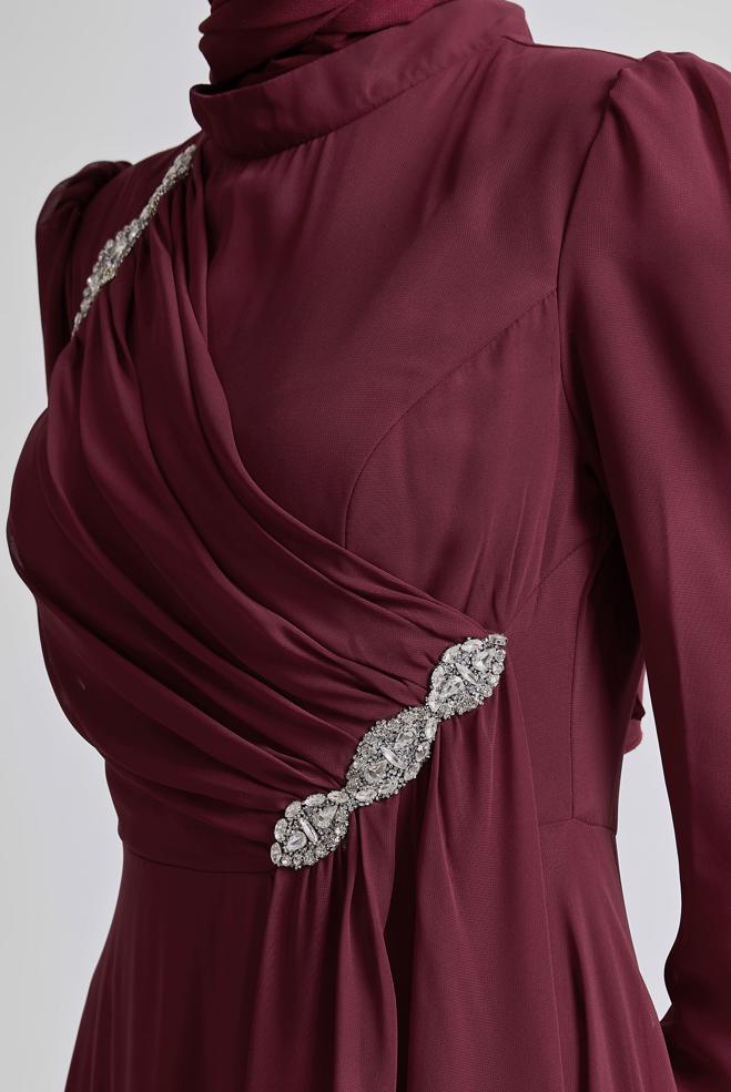 Tesettür giyim BORDO TAŞLI ŞİFON ABİYE ELBİSE 50503 - ALVİNA