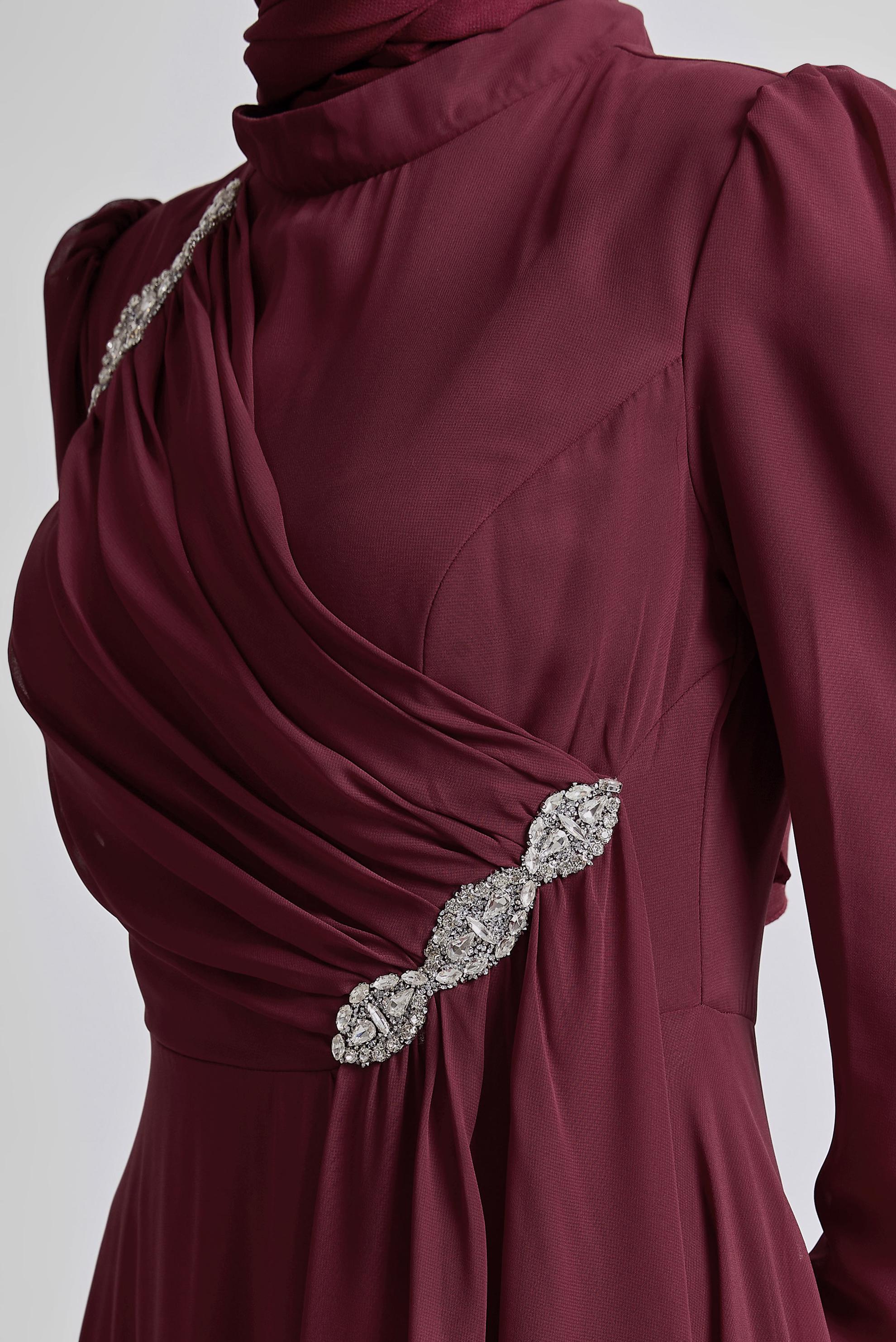 Tesettür giyim BORDO TAŞLI ŞİFON ABİYE ELBİSE 50503