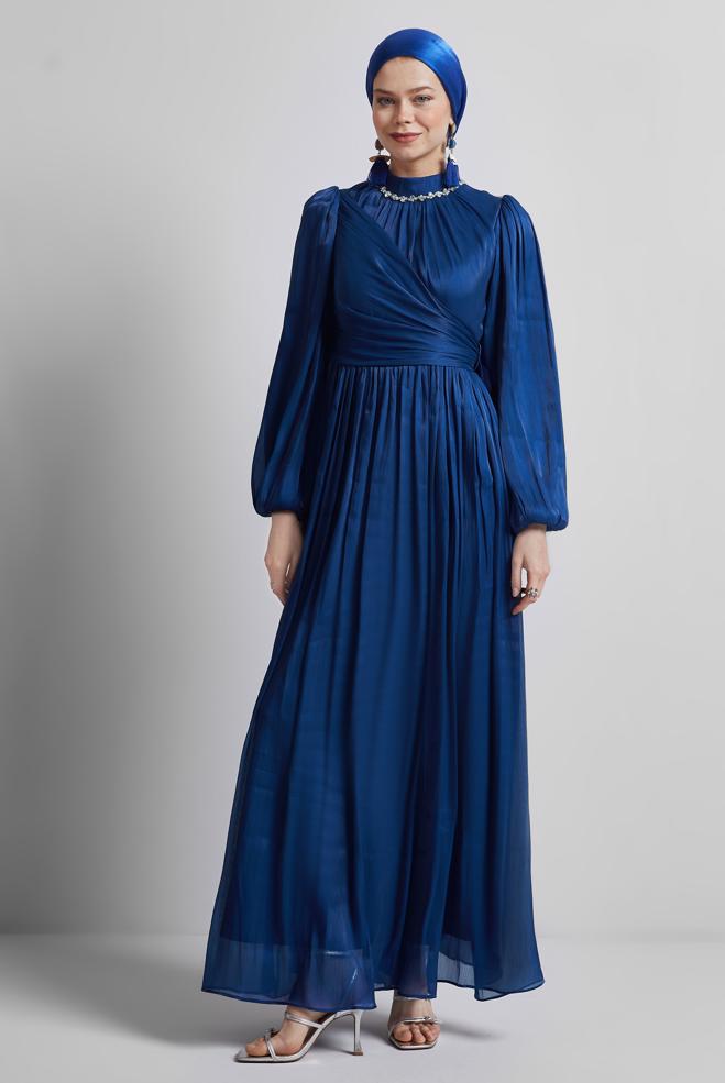 Tesettür giyim LACİVERT BAĞLAMA DETAYLI ABİYE ELBİSE 50505 - ALVİNA