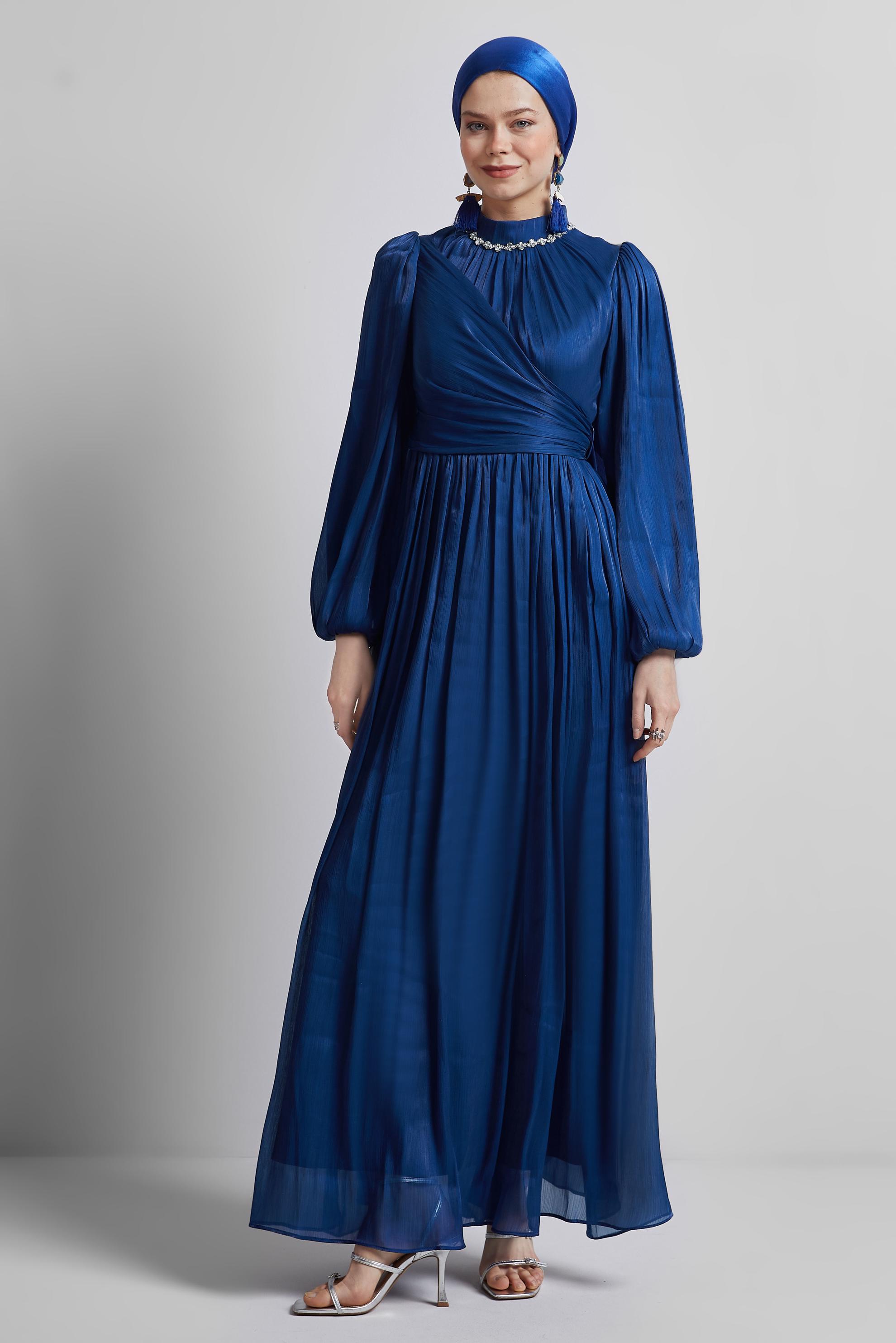 Tesettür giyim LACİVERT BAĞLAMA DETAYLI ABİYE ELBİSE 50505