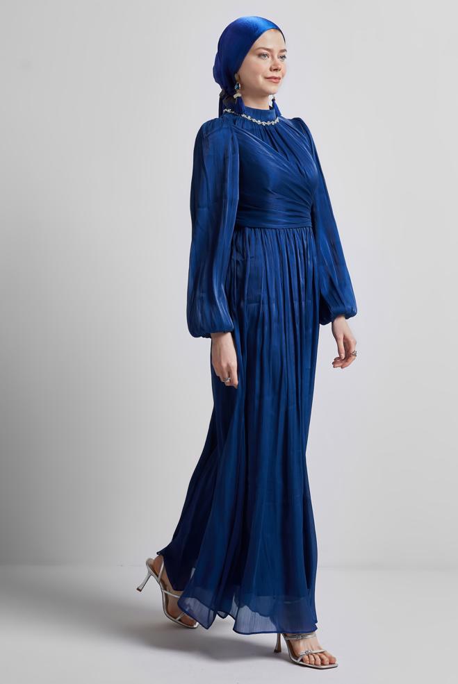 Tesettür giyim LACİVERT BAĞLAMA DETAYLI ABİYE ELBİSE 50505 - ALVİNA