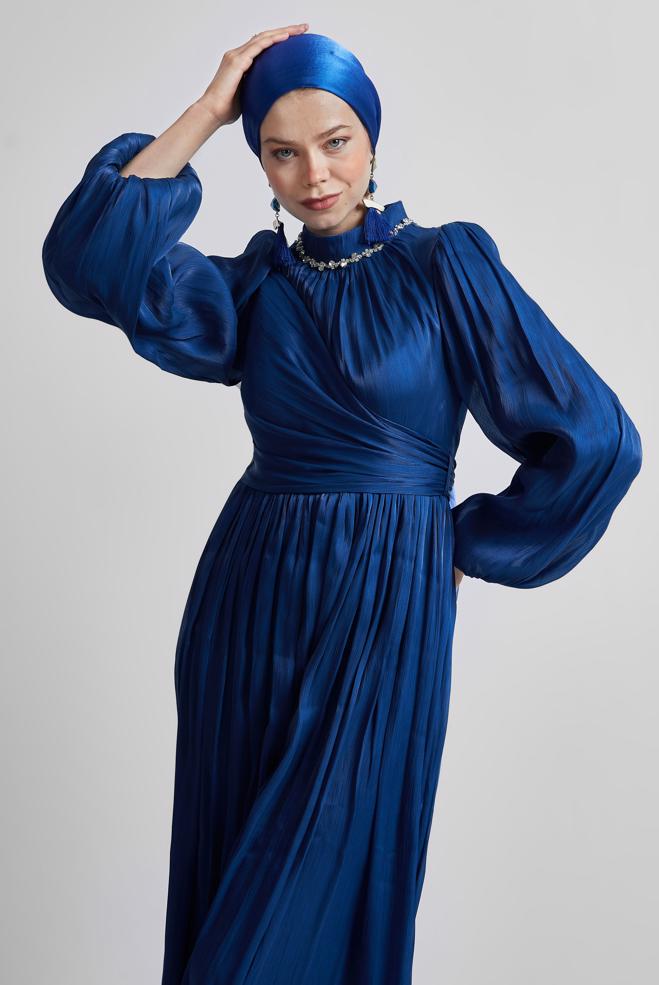 Tesettür giyim LACİVERT BAĞLAMA DETAYLI ABİYE ELBİSE 50505 - ALVİNA