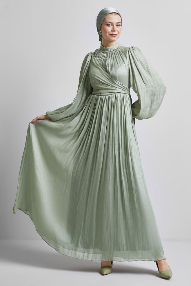 Vêtements hijab BEIGE ROBE DE SOIRÉE AVEC DÉTAIL NOUÉ 50505 - ALVİNA