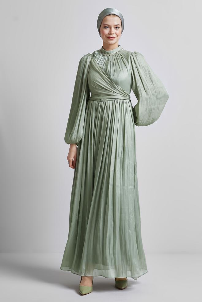 Vêtements hijab BEIGE ROBE DE SOIRÉE AVEC DÉTAIL NOUÉ 50505 - ALVİNA