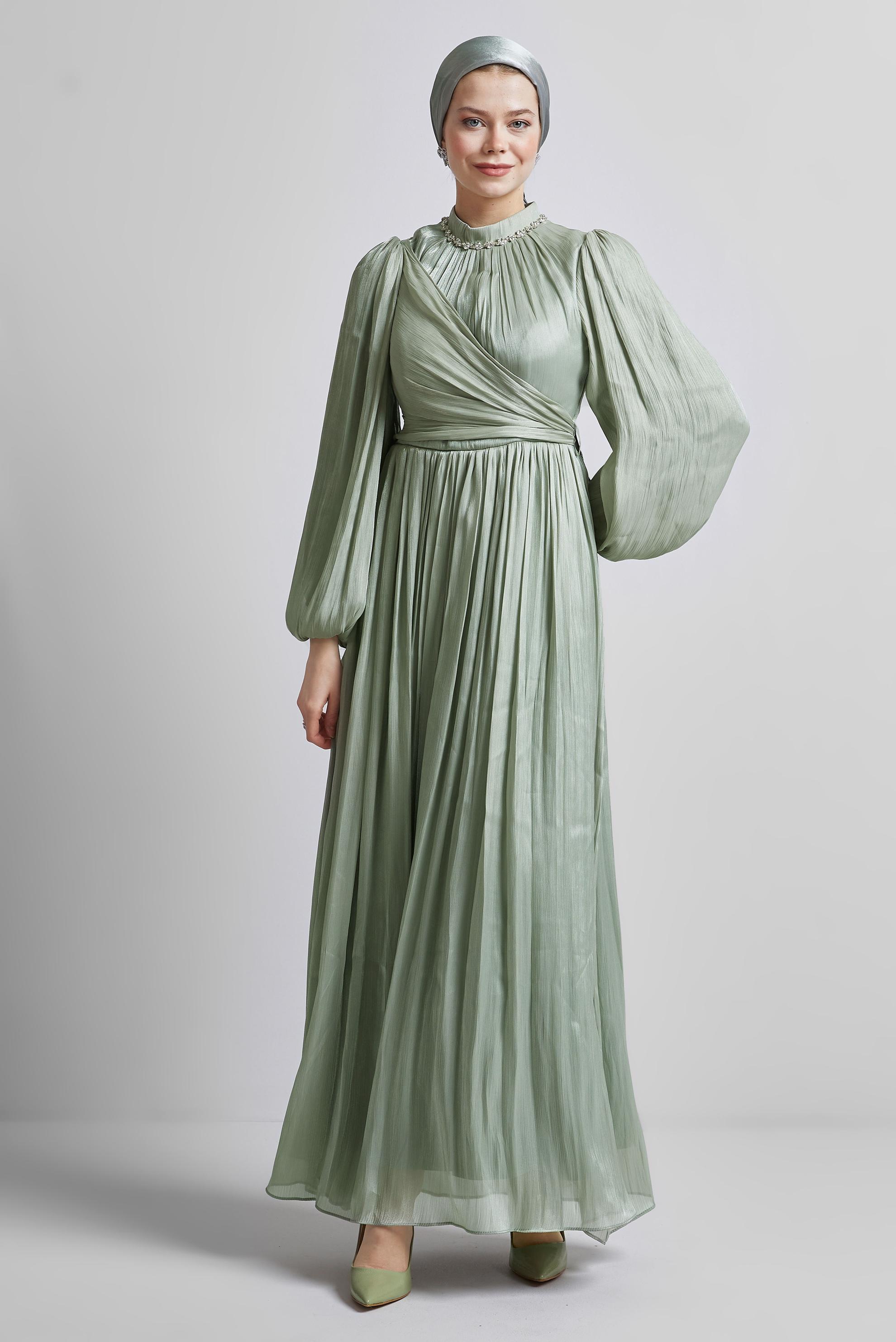 Tesettür giyim YEŞİL BAĞLAMA DETAYLI ABİYE ELBİSE 50505