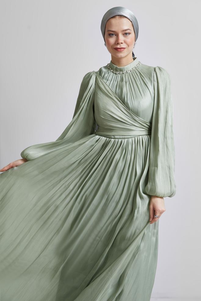 Vêtements hijab BEIGE ROBE DE SOIRÉE AVEC DÉTAIL NOUÉ 50505 - ALVİNA