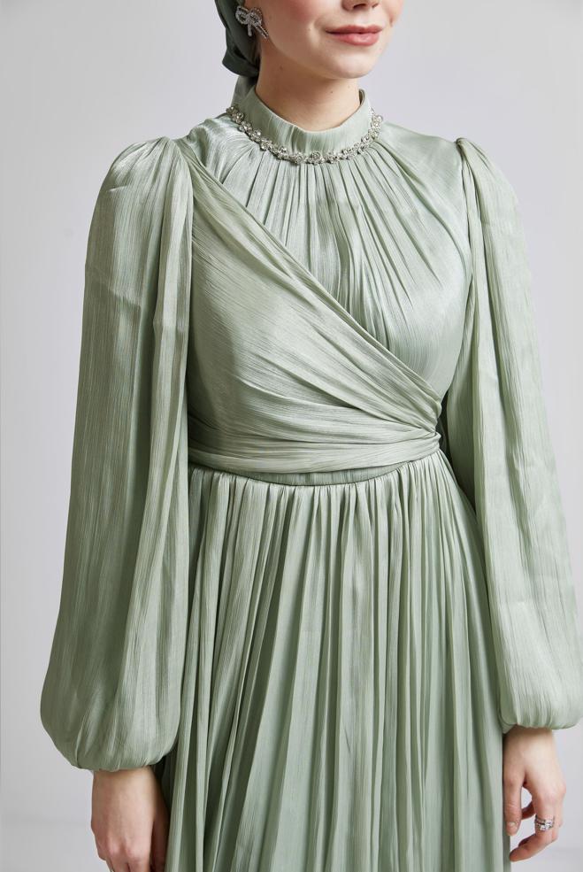 Vêtements hijab BEIGE ROBE DE SOIRÉE AVEC DÉTAIL NOUÉ 50505 - ALVİNA