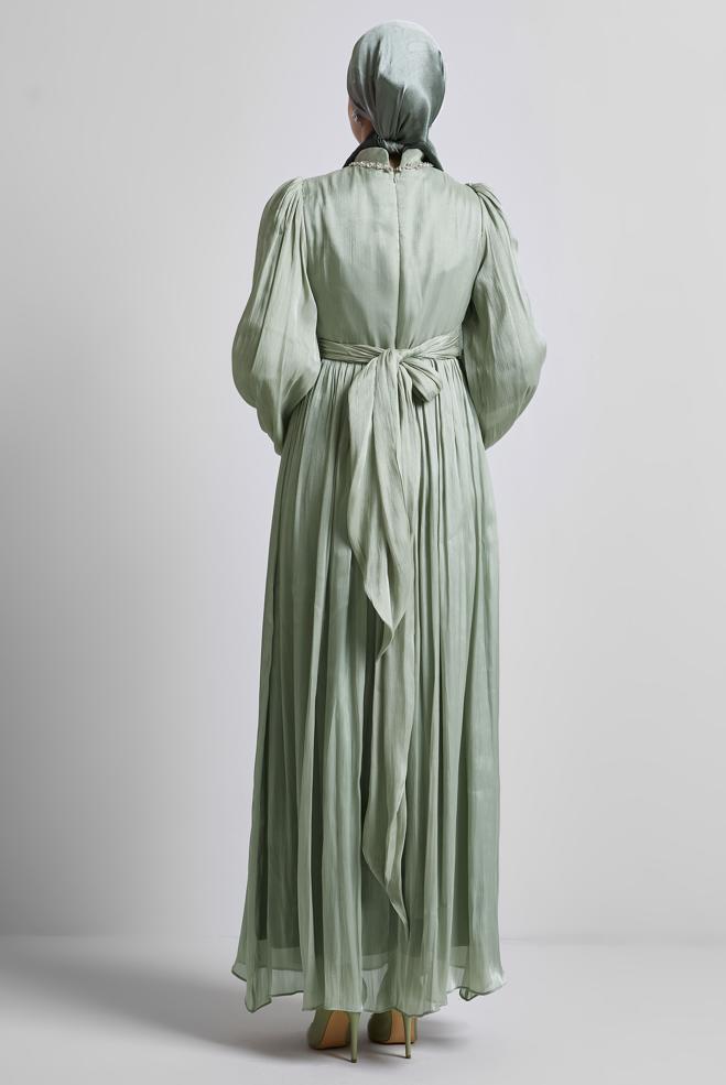 Vêtements hijab BEIGE ROBE DE SOIRÉE AVEC DÉTAIL NOUÉ 50505 - ALVİNA