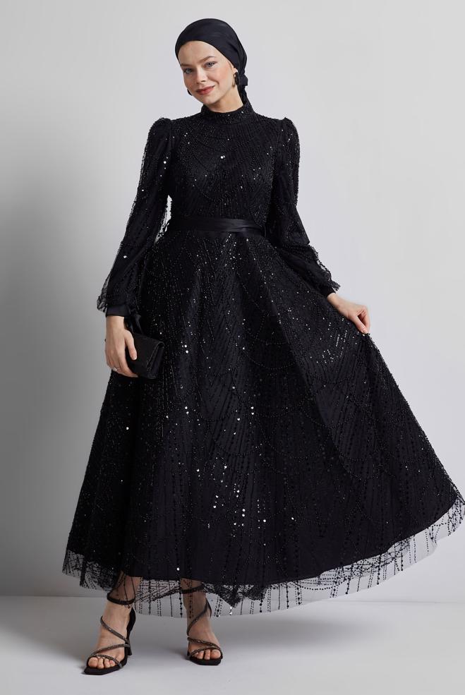 Tesettür giyim SİYAH PUL PAYETLİ ABİYE ELBİSE 50507 - ALVİNA