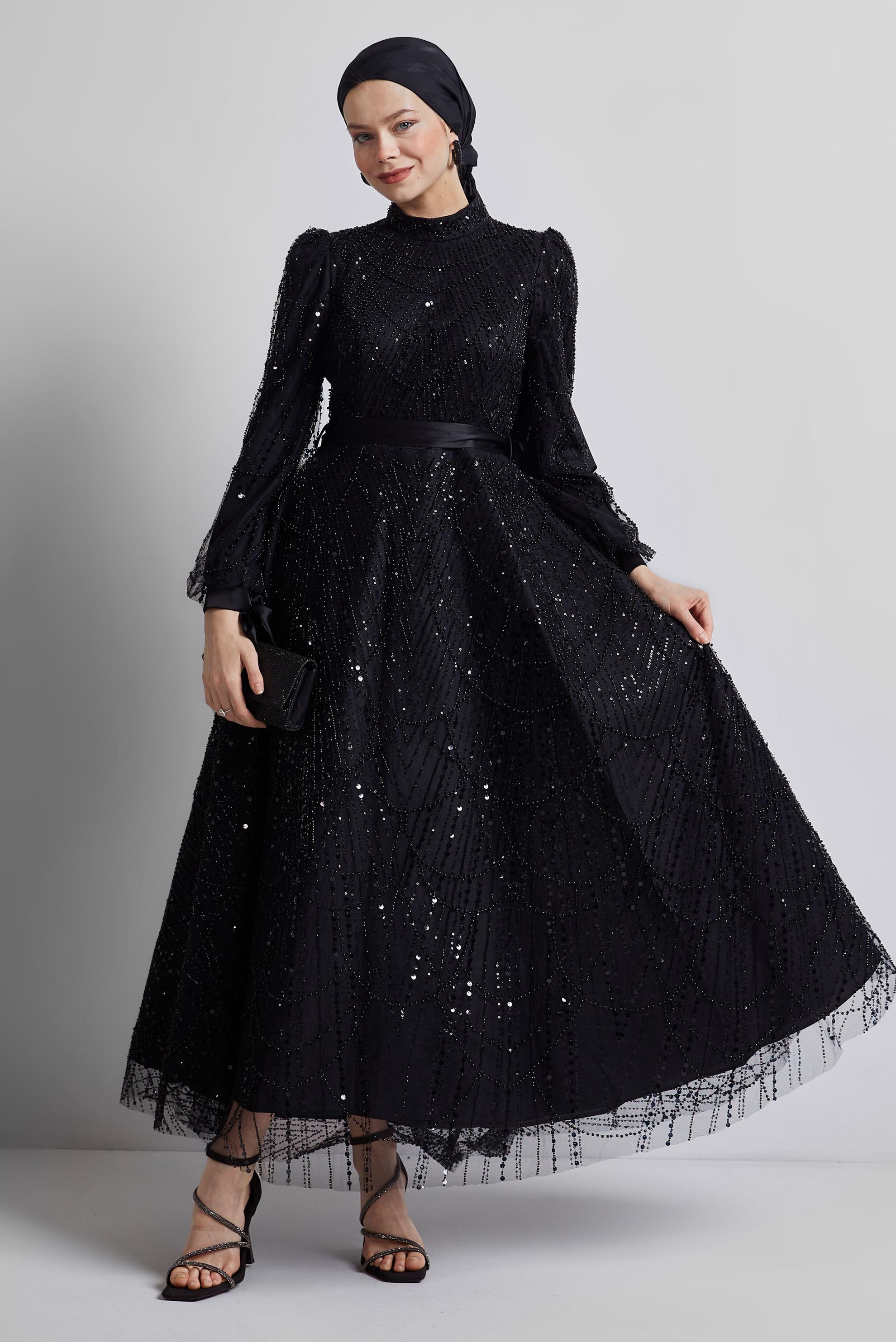 Tesettür giyim SİYAH PUL PAYETLİ ABİYE ELBİSE 50507