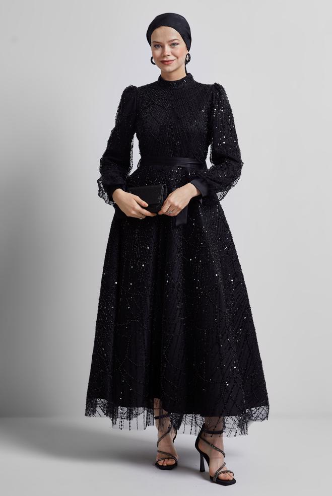 Tesettür giyim SİYAH PUL PAYETLİ ABİYE ELBİSE 50507 - ALVİNA