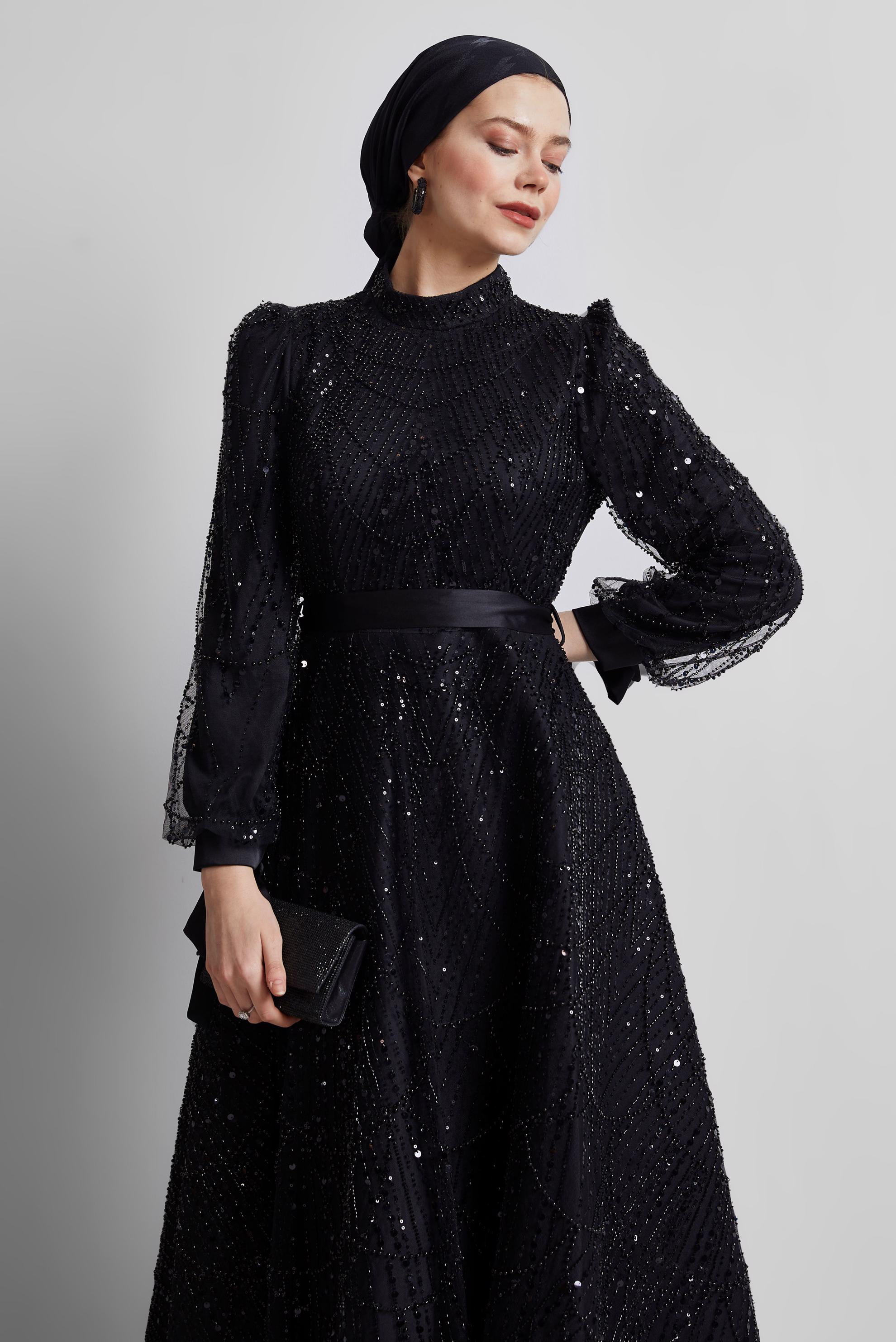 Tesettür giyim SİYAH PUL PAYETLİ ABİYE ELBİSE 50507