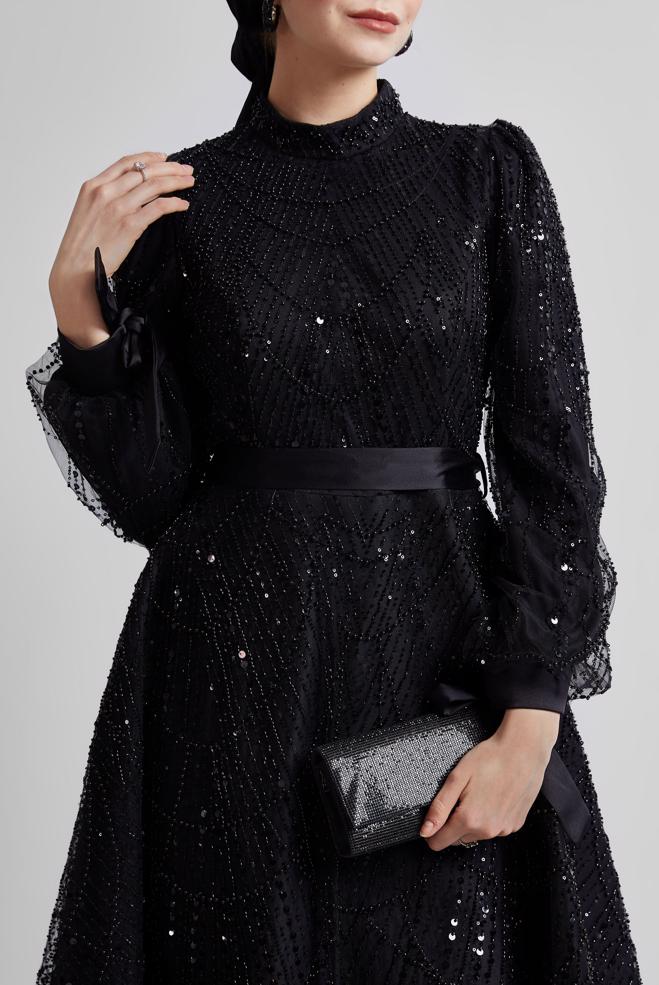 Tesettür giyim SİYAH PUL PAYETLİ ABİYE ELBİSE 50507 - ALVİNA