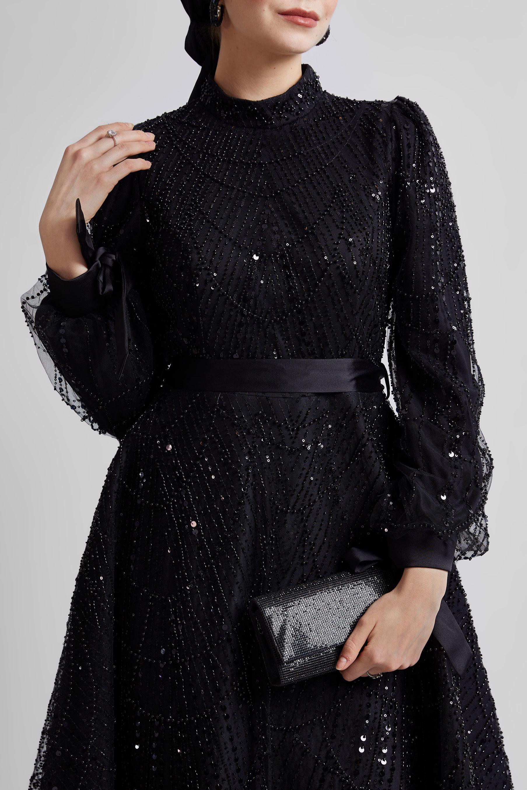 Tesettür giyim SİYAH PUL PAYETLİ ABİYE ELBİSE 50507