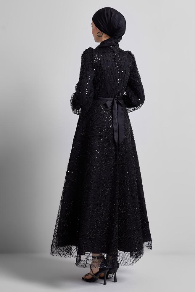 Tesettür giyim SİYAH PUL PAYETLİ ABİYE ELBİSE 50507 - ALVİNA