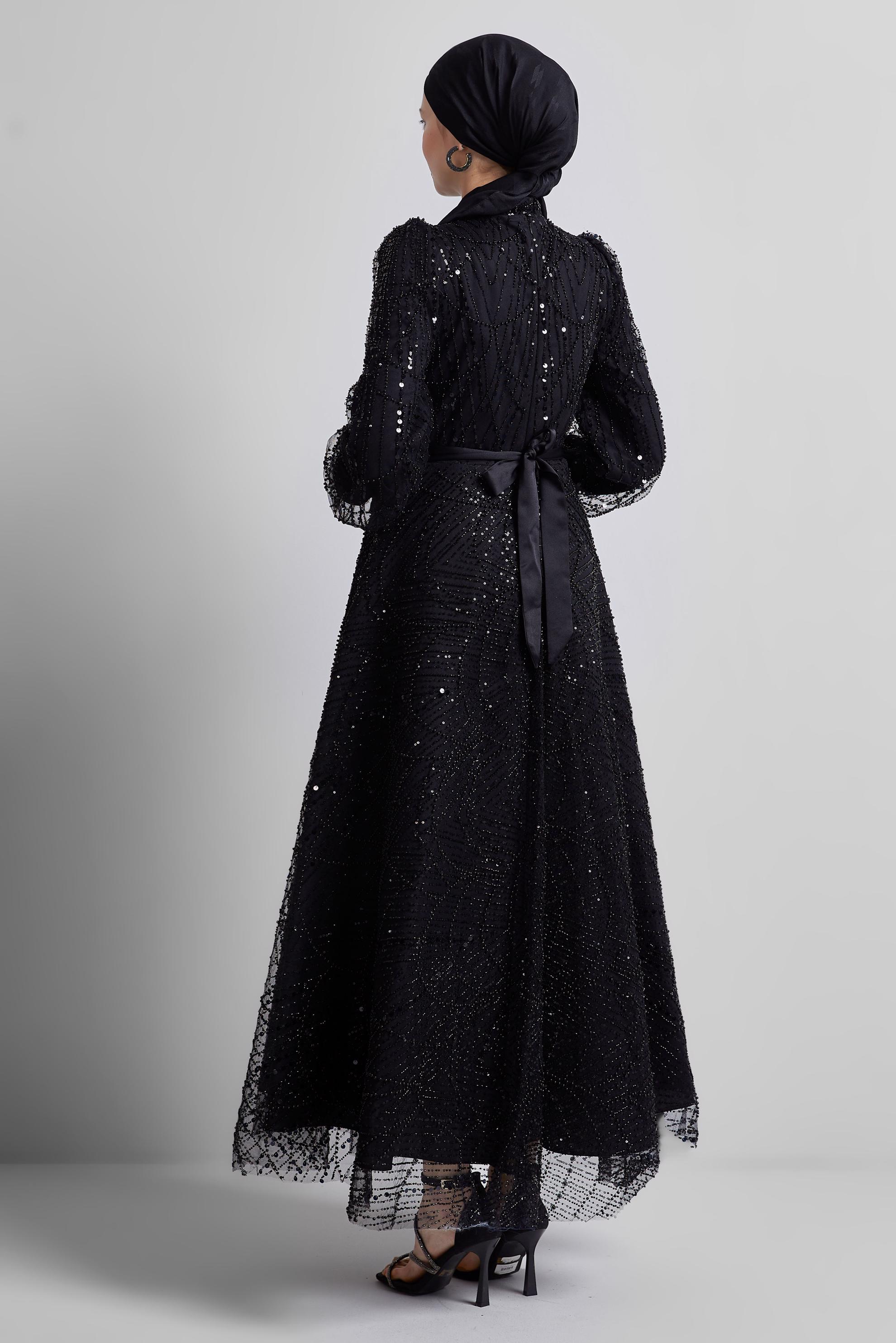 Tesettür giyim SİYAH PUL PAYETLİ ABİYE ELBİSE 50507