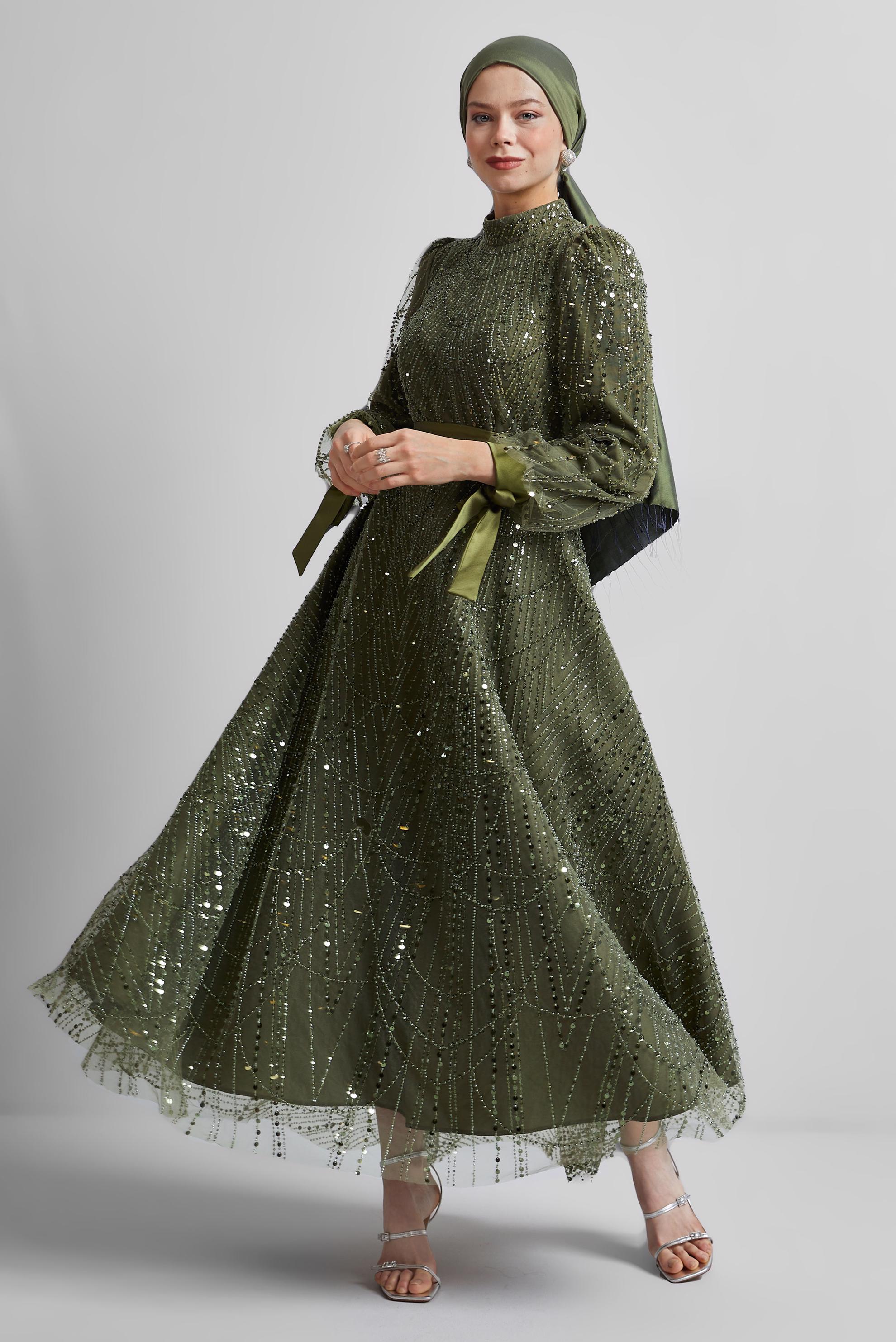 Tesettür giyim HAKİ PUL PAYETLİ ABİYE ELBİSE 50507