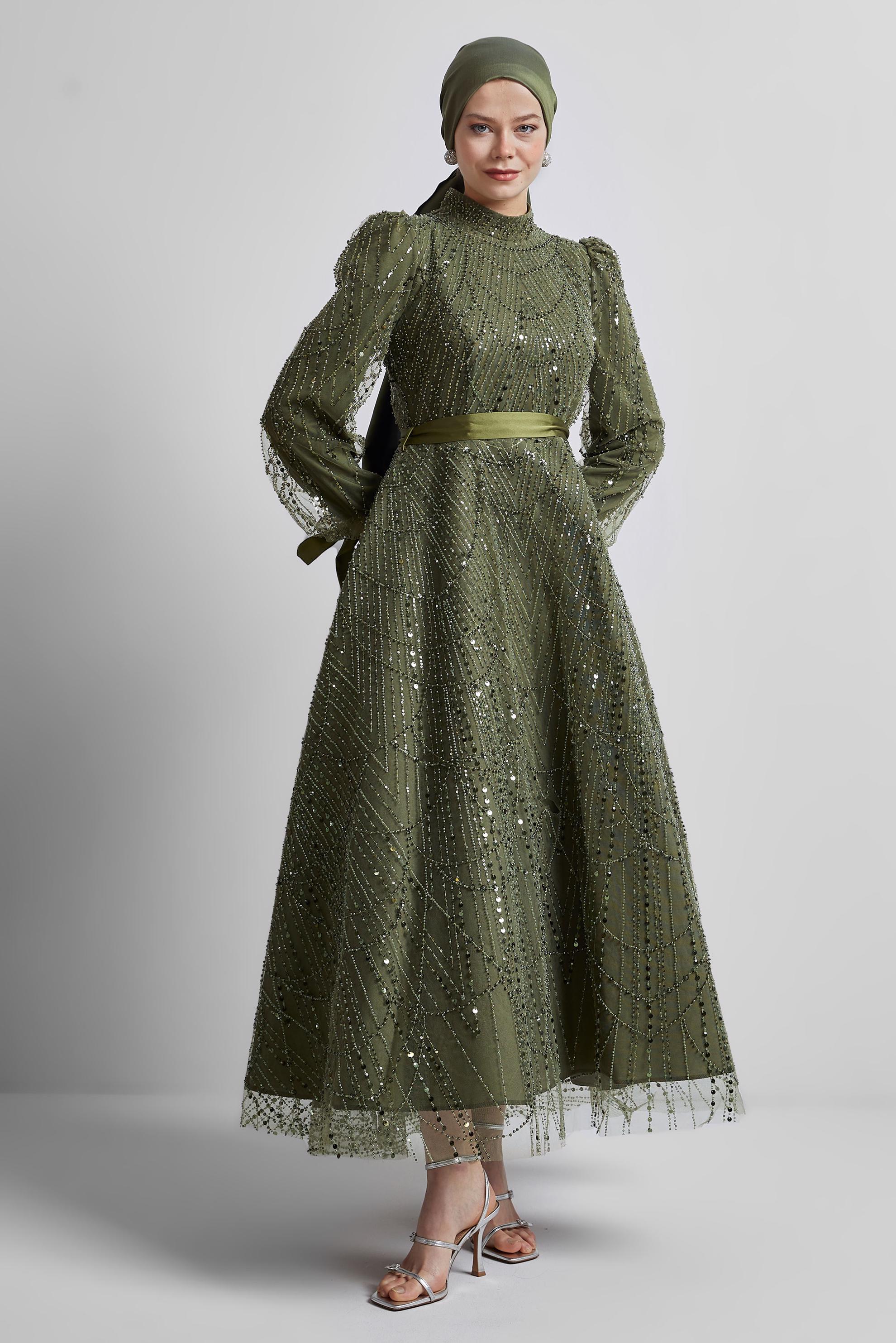 Tesettür giyim HAKİ PUL PAYETLİ ABİYE ELBİSE 50507