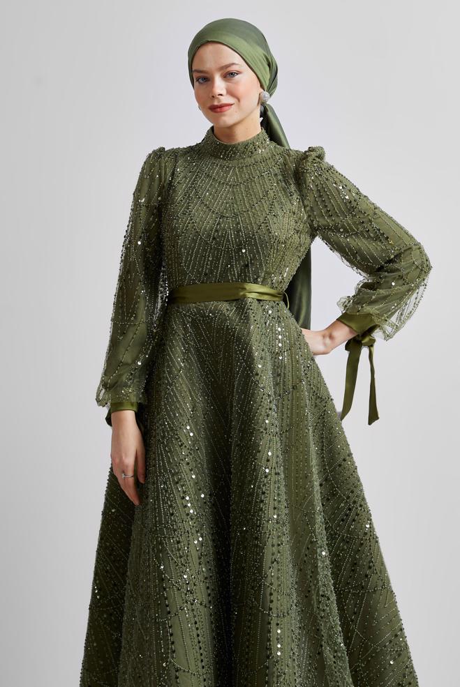 Tesettür giyim HAKİ PUL PAYETLİ ABİYE ELBİSE 50507 - ALVİNA