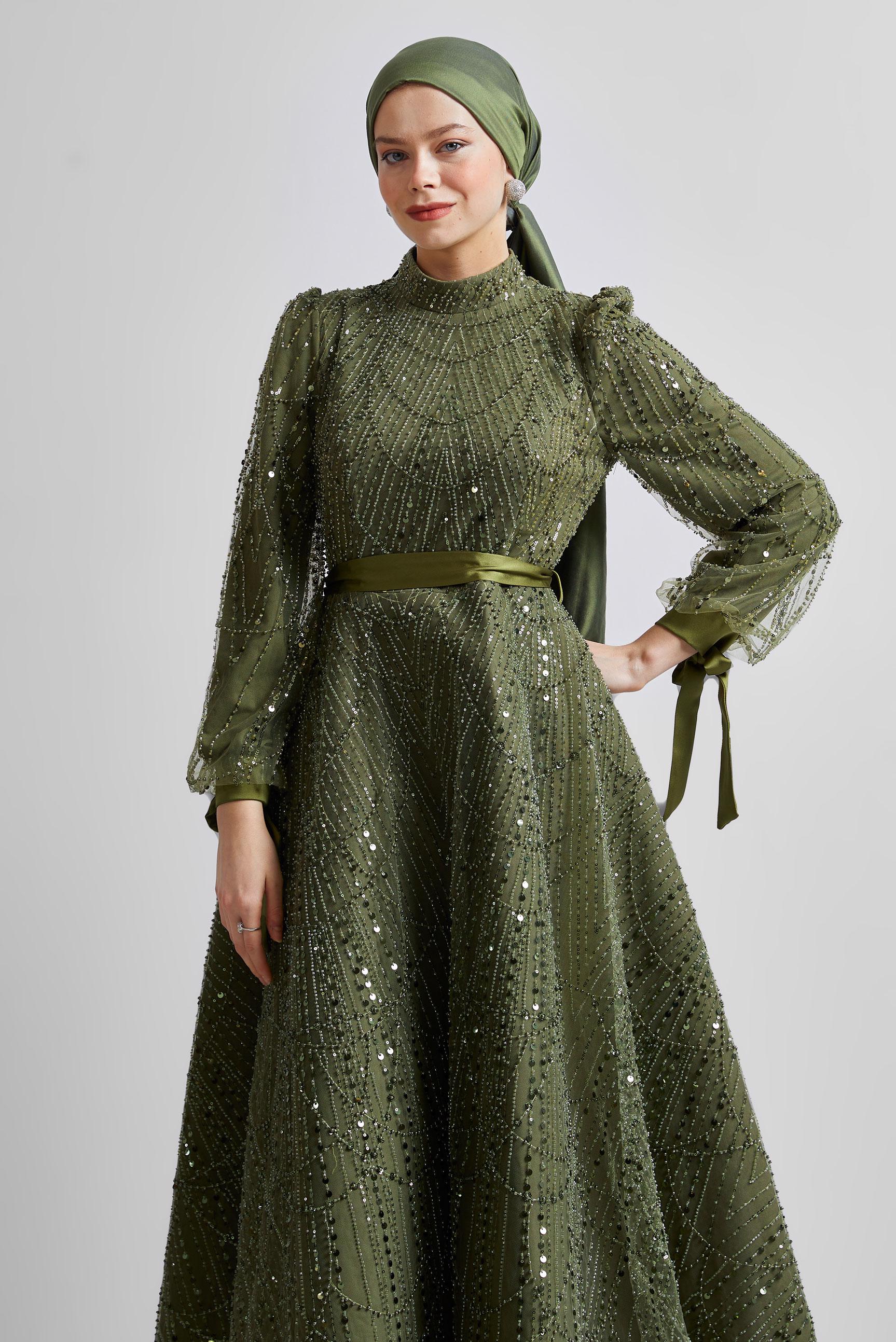 Tesettür giyim HAKİ PUL PAYETLİ ABİYE ELBİSE 50507