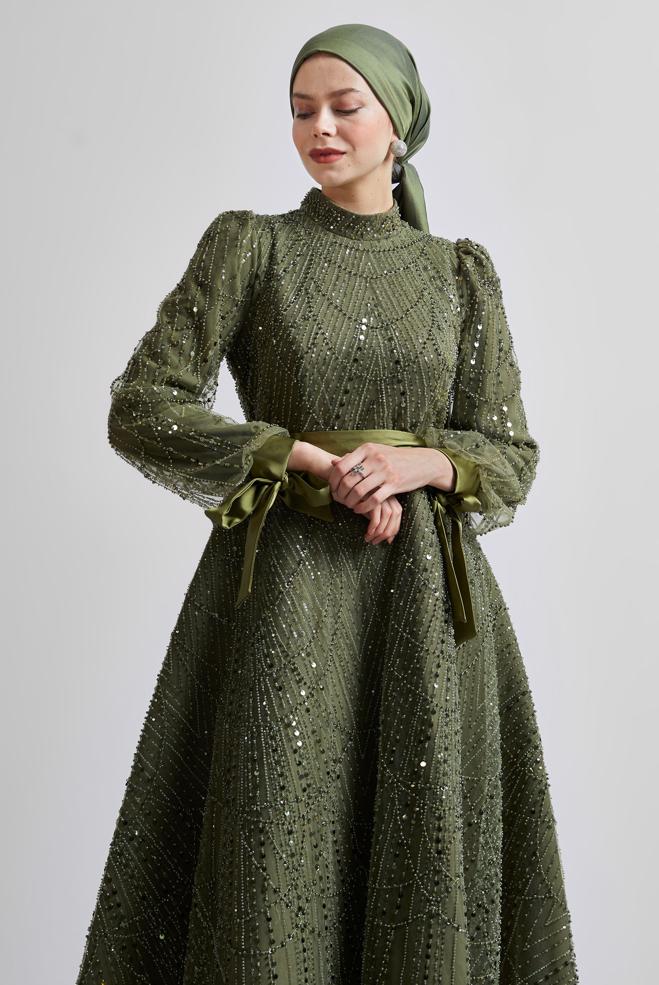 Tesettür giyim HAKİ PUL PAYETLİ ABİYE ELBİSE 50507 - ALVİNA