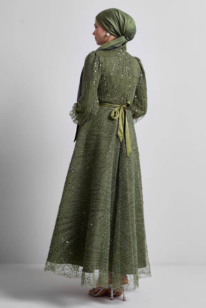 Tesettür giyim HAKİ PUL PAYETLİ ABİYE ELBİSE 50507 - ALVİNA