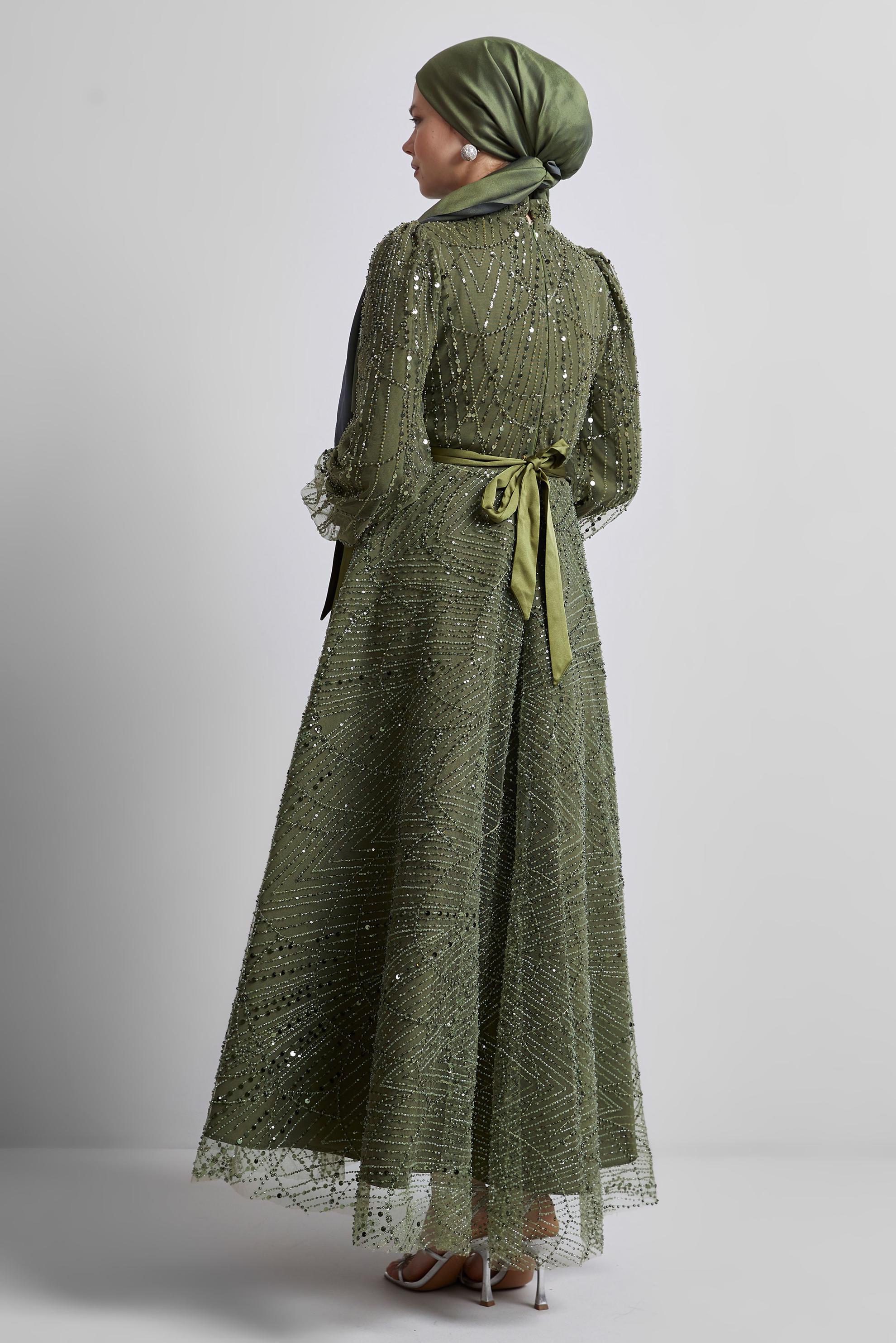 Tesettür giyim HAKİ PUL PAYETLİ ABİYE ELBİSE 50507