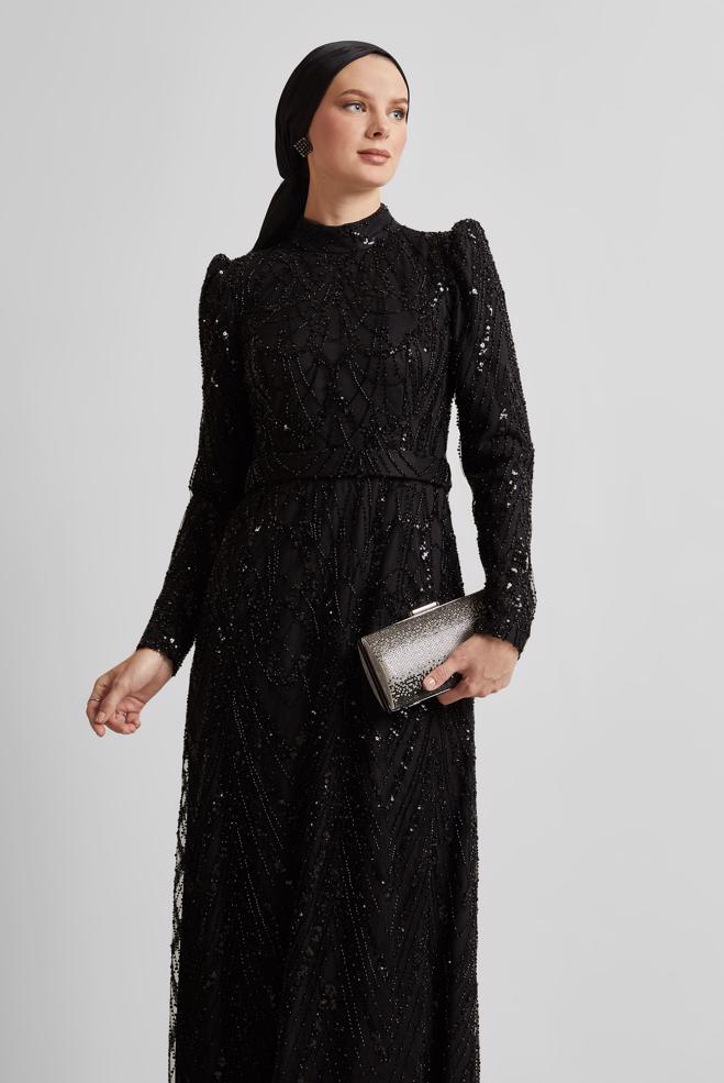 Tesettür giyim SİYAH PAYETLİ ABİYE ELBİSE 50508 - ALVİNA