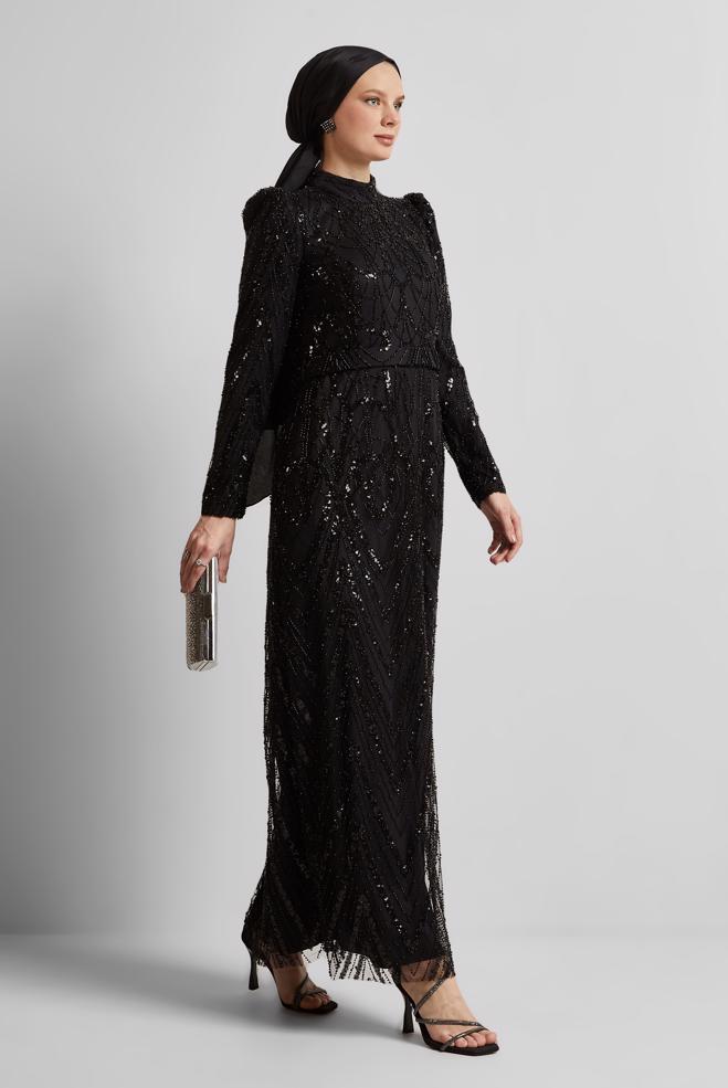 Tesettür giyim SİYAH PAYETLİ ABİYE ELBİSE 50508 - ALVİNA