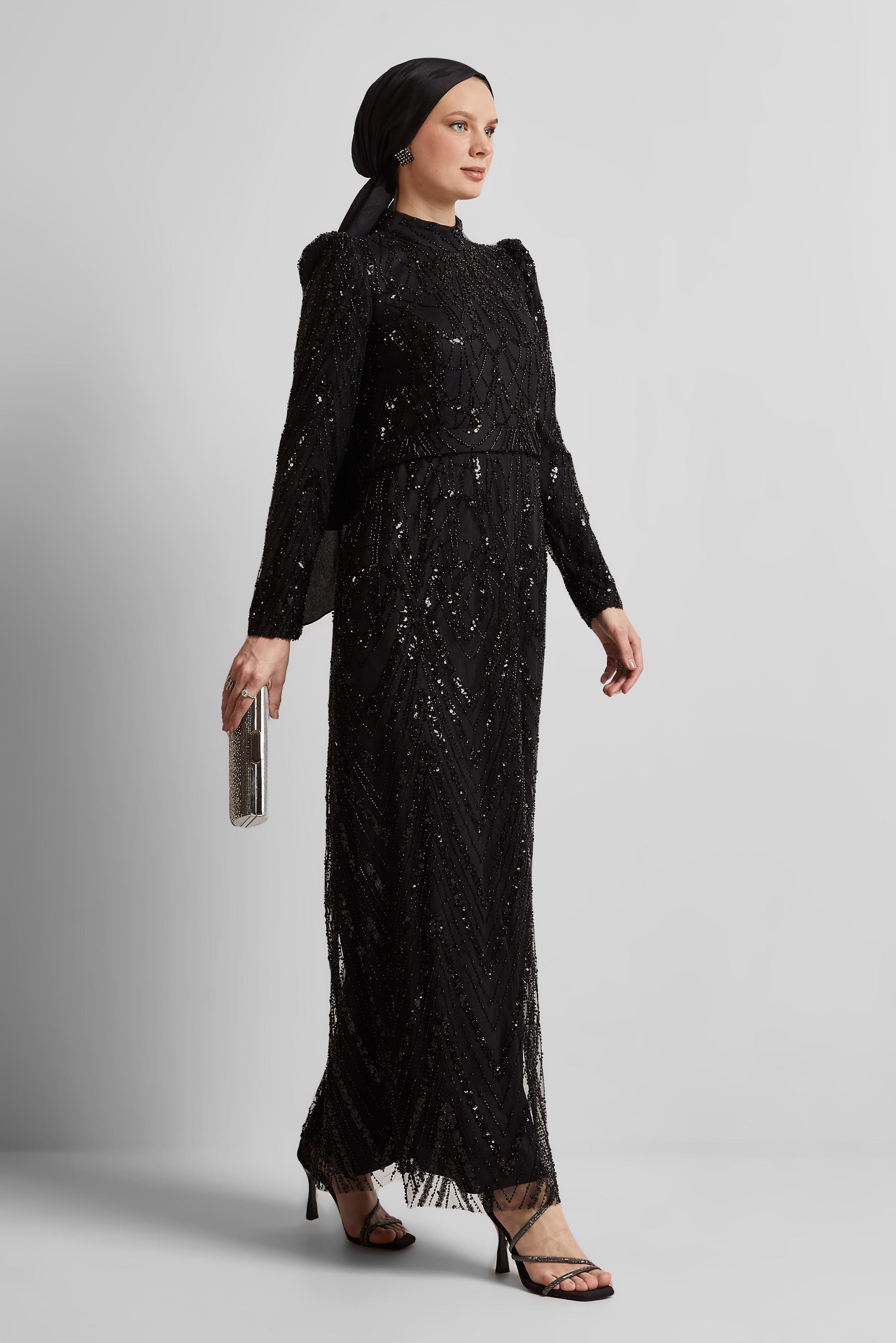 Tesettür giyim SİYAH PAYETLİ ABİYE ELBİSE 50508