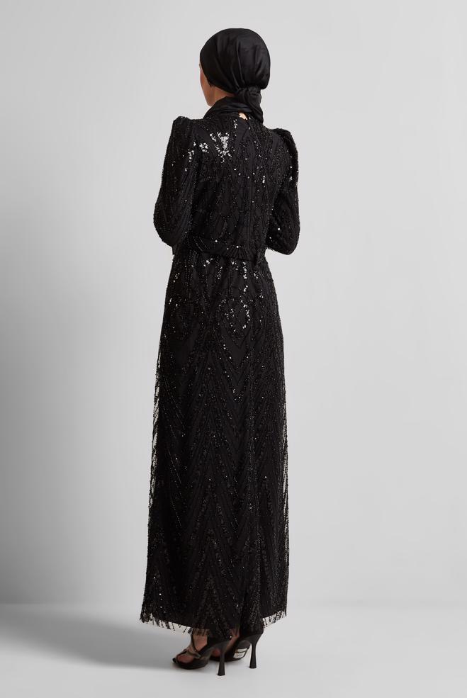 Tesettür giyim SİYAH PAYETLİ ABİYE ELBİSE 50508 - ALVİNA