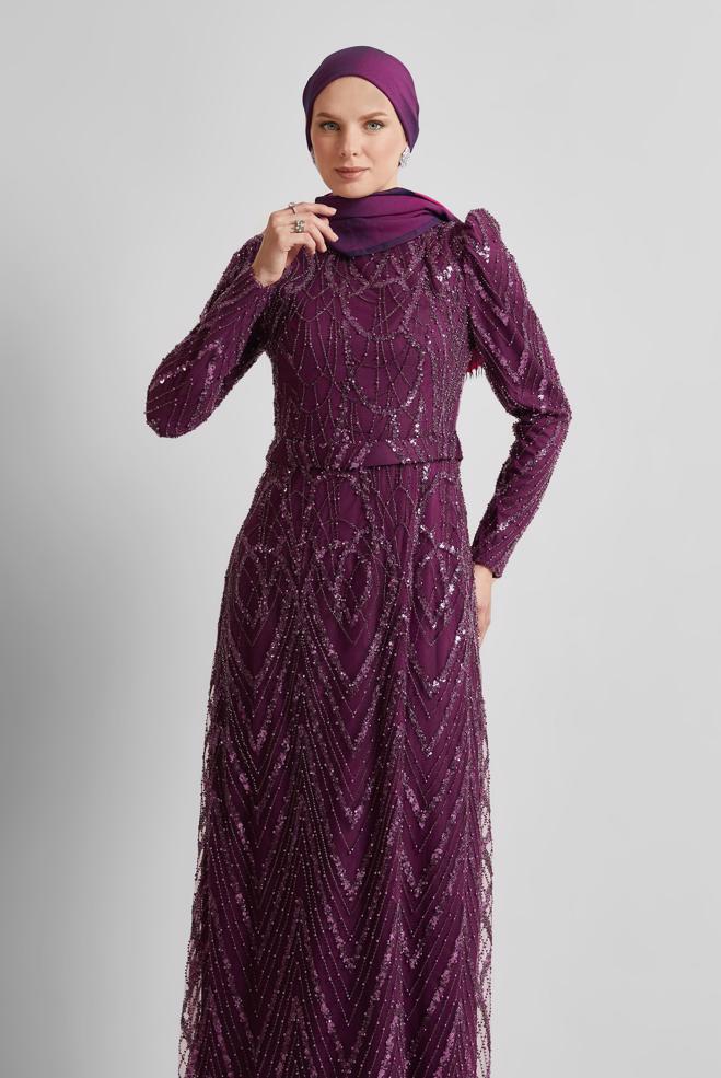 Tesettür giyim MÜRDÜM PAYETLİ ABİYE ELBİSE 50508 - ALVİNA