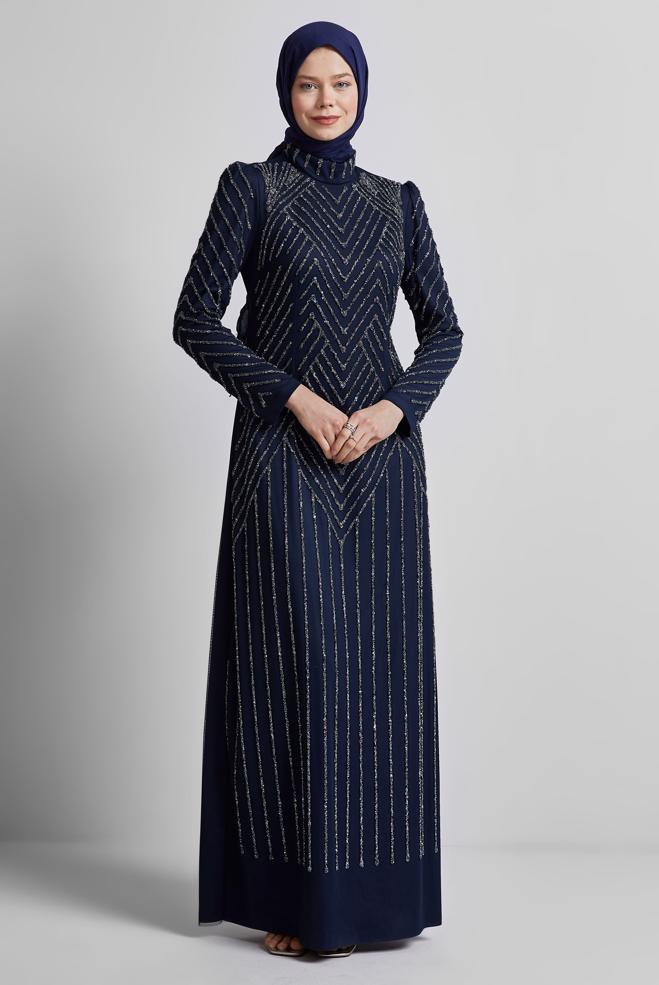 Tesettür giyim LACİVERT TAŞLI ABİYE ELBİSE 50509 - ALVİNA