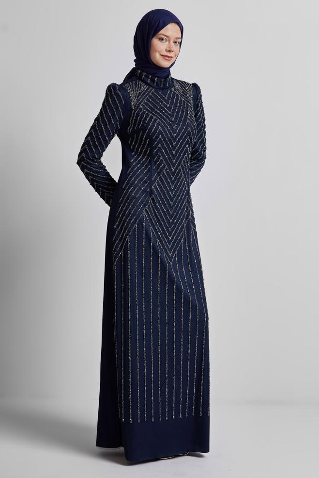 Tesettür giyim LACİVERT TAŞLI ABİYE ELBİSE 50509 - ALVİNA