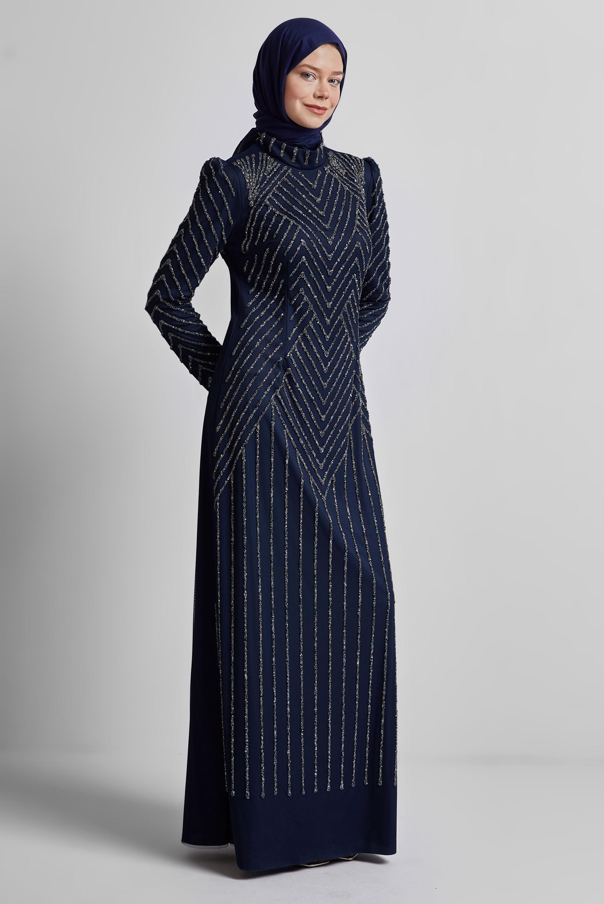 Tesettür giyim LACİVERT TAŞLI ABİYE ELBİSE 50509