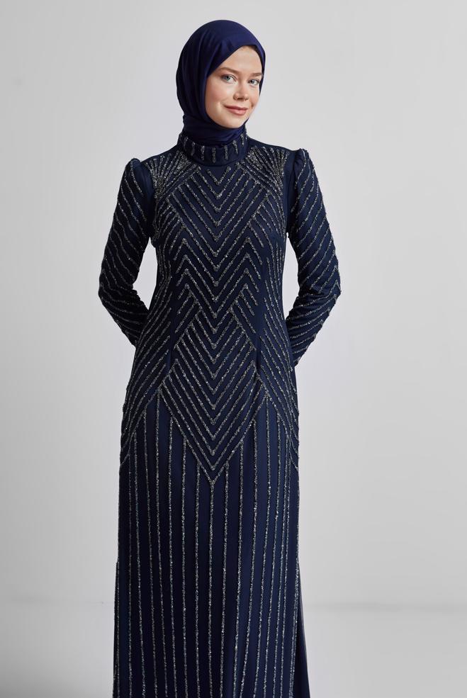Tesettür giyim LACİVERT TAŞLI ABİYE ELBİSE 50509 - ALVİNA