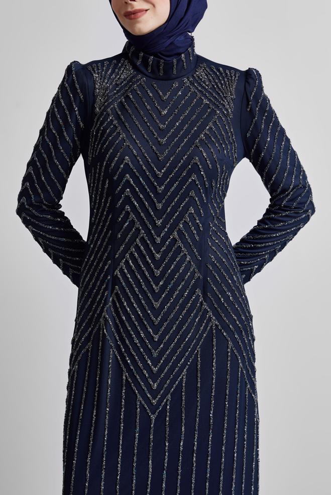 Tesettür giyim LACİVERT TAŞLI ABİYE ELBİSE 50509 - ALVİNA