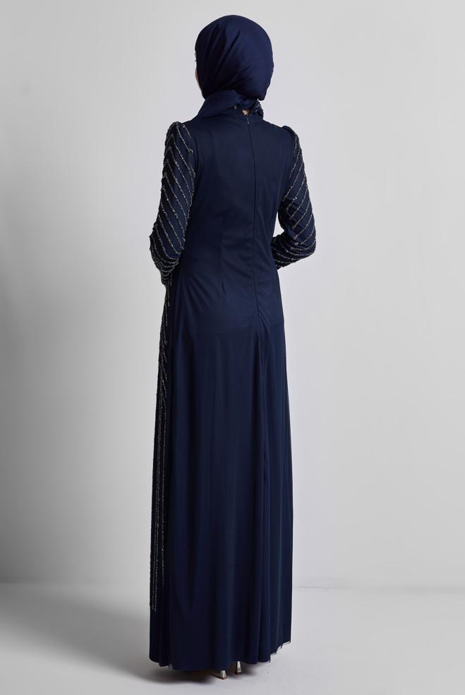 Tesettür giyim LACİVERT TAŞLI ABİYE ELBİSE 50509 - ALVİNA