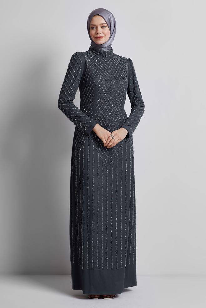 Tesettür giyim GRİ TAŞLI ABİYE ELBİSE 50509 - ALVİNA