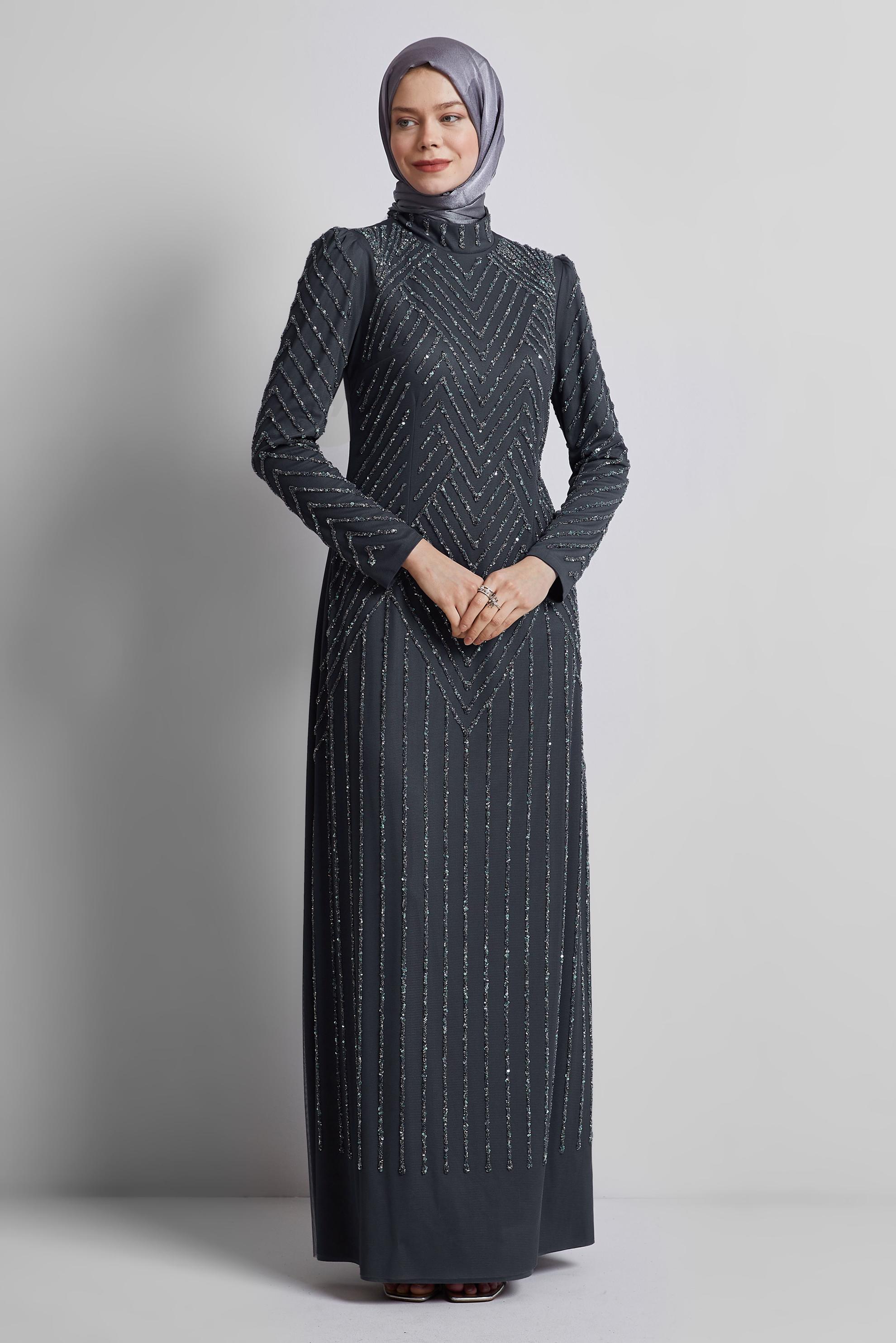 Tesettür giyim GRİ TAŞLI ABİYE ELBİSE 50509