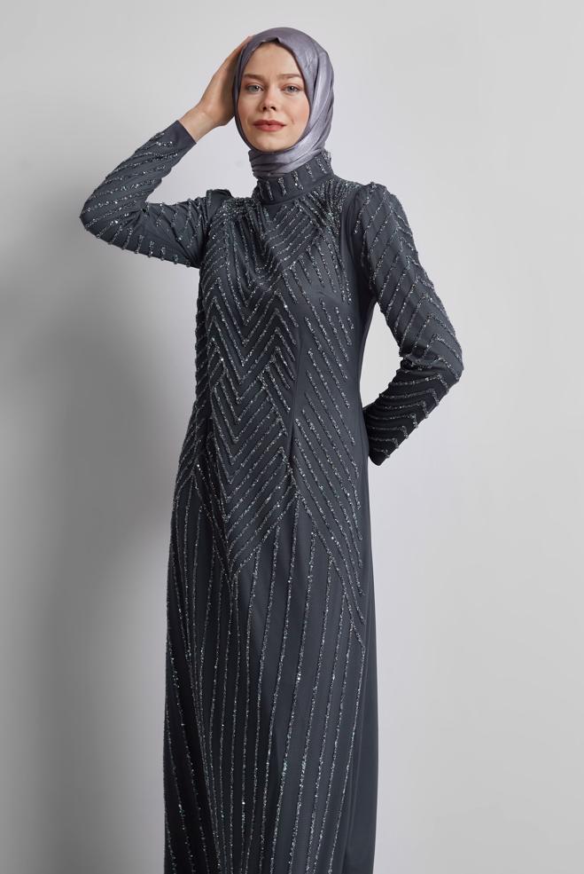 Tesettür giyim GRİ TAŞLI ABİYE ELBİSE 50509 - ALVİNA