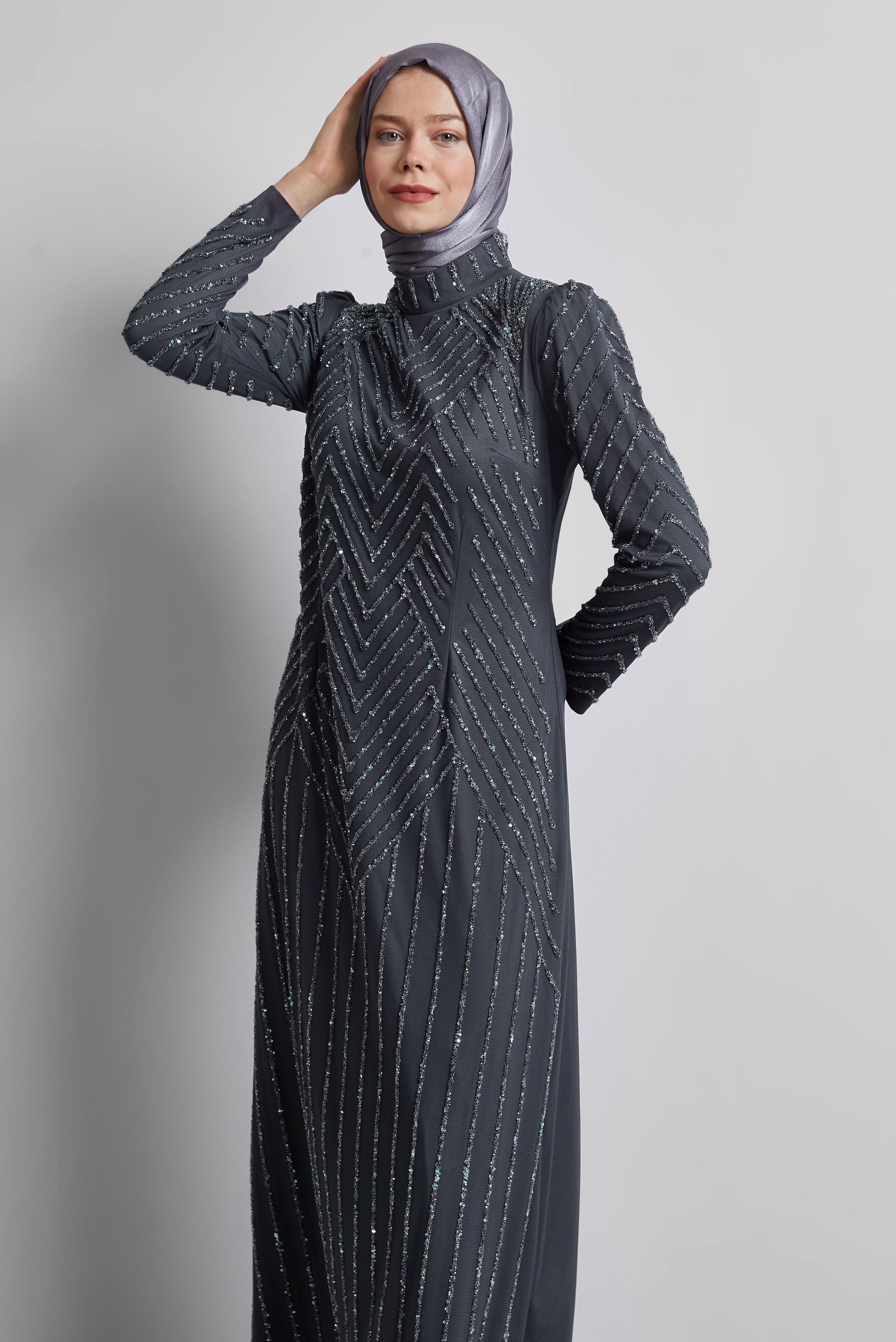 Tesettür giyim GRİ TAŞLI ABİYE ELBİSE 50509