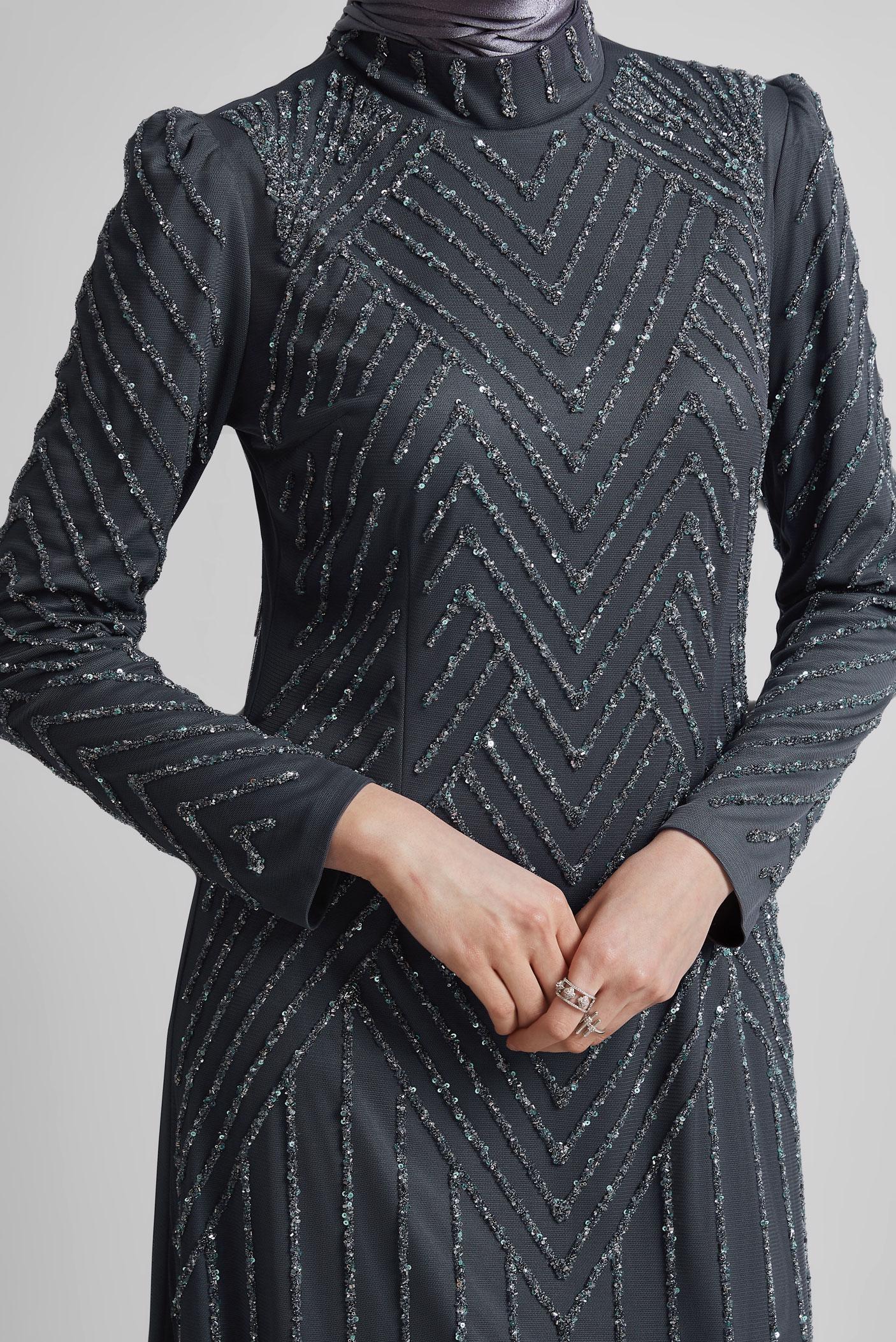 Tesettür giyim GRİ TAŞLI ABİYE ELBİSE 50509